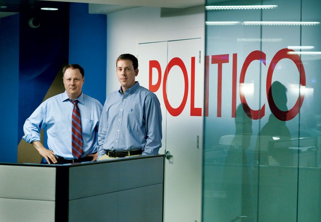 Politico-media-jim-vandehei-robert-allbritton-split - Washingtonian After nine years running <em>Politico</em> together, founding editors John Harris (left) and Jim VandeHei (right) have split up. Harris remains at <em>Politico</em> while VandeHei looks at future entrepreneurial ventures. Photograph by Daniel Rosenbaum/<em>The New York Times</em>/Redux.