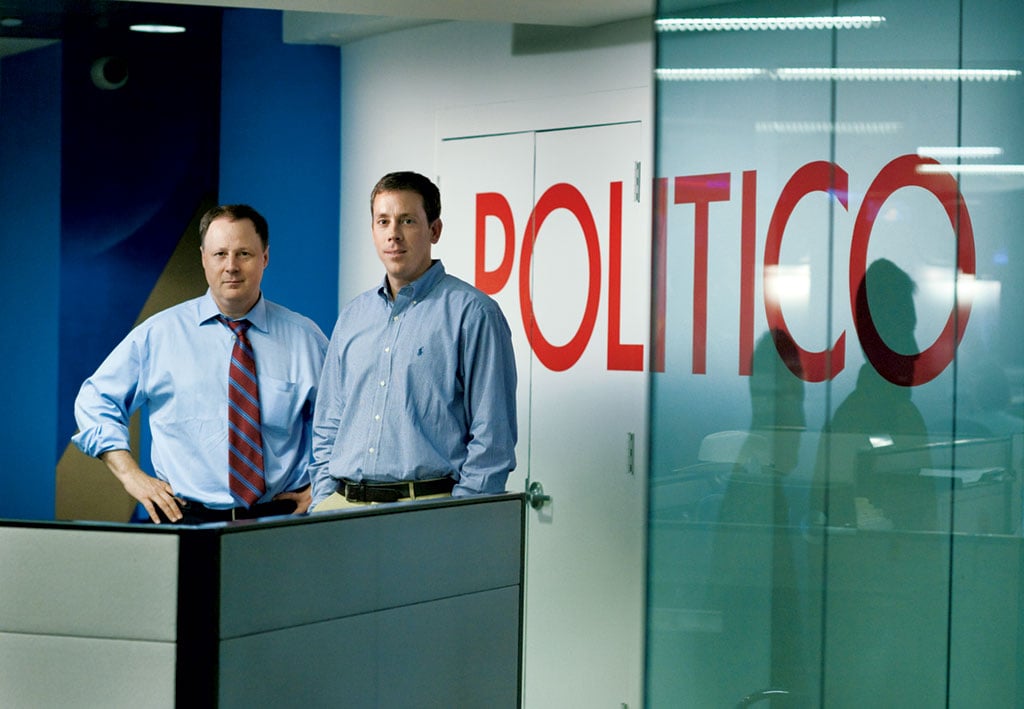 After nine years running <em>Politico</em> together, founding editors John Harris (left) and Jim VandeHei (right) have split up. Harris remains at <em>Politico</em> while VandeHei looks at future entrepreneurial ventures. Photograph by Daniel Rosenbaum/<em>The New York Times</em>/Redux.