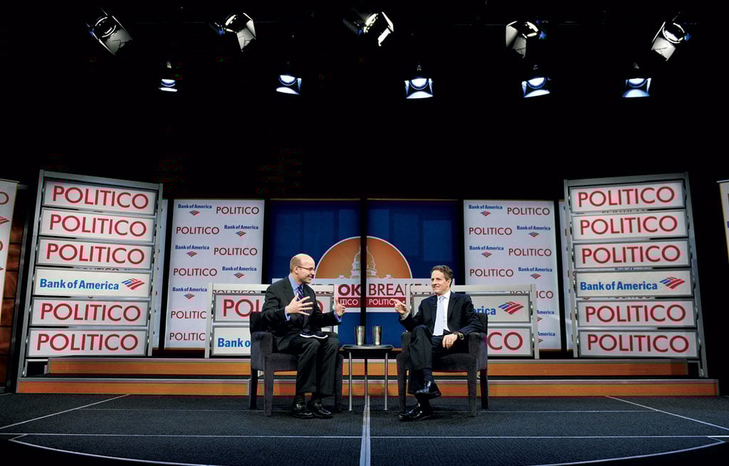 Politico-media-mike-allen-playbook - Washingtonian Playbook event with Mike Allen and former Treasury Secretary Tim Geithner. Photograph by Mandel Ngan/AFP/Getty Images.