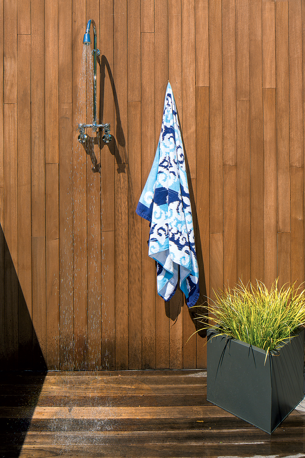 Though it's private enough for worry-free use, the outdoor shower offers an open view of trees and sky. Photograph by Dan Chung. (July 2016/Chesapeake Bay)