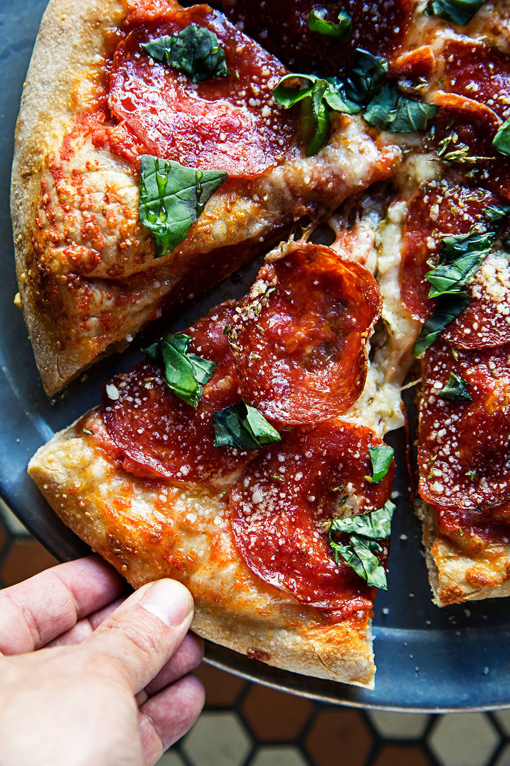 Pepperoni pizza with honey at All-Purpose Pizzeria. All photographs by Scott Suchman.