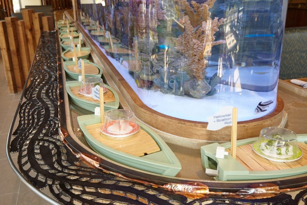 Ocean Blue opens in Sterling with elaborate aquariums and a canal for delivering sushi via boat. Photography by Jeff Elkins 