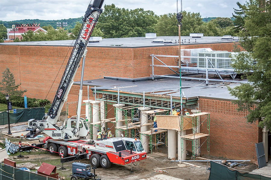 Peak Greek: Longwood’s pre-debate campus upgrades include new columns for a ’70s-era gym, above. 