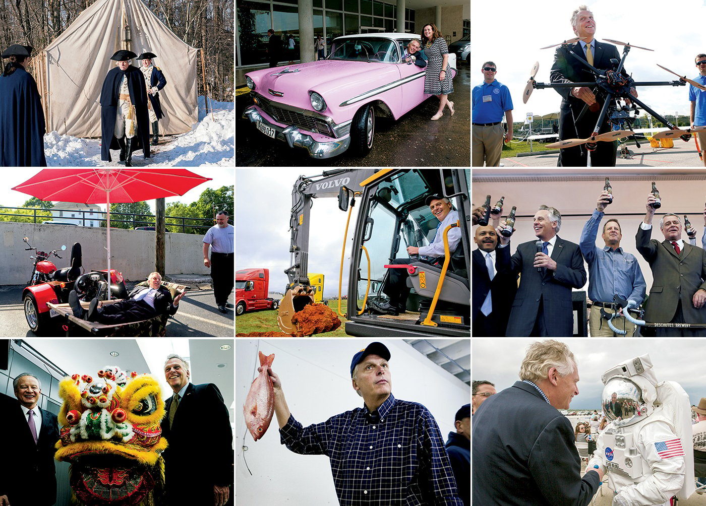 McAuliffe will show up anywhere to promote his state. Left to right, from top: shooting the AMC spy show Turn; touring Havana; testing drones at Virginia Tech; promoting crowd-funding and small businesses from a motorized hammock; breaking ground at a Volvo plant in Dublin, Virginia; announcing the Deschutes Brewery’s East Coast operations in Roanoke; celebrating the start of Air China flights between Beijing and Dulles; campaigning with a red snapper in Norfolk; touring the NASA Langley Research Center in Hampton. Photographs of McAuliffe in <em>Turn</em> by Antony Platt/AMC; in Havana by Craig Carper/WCVE Richmond Public Radio/AP; testing drones by Matt Gentry/Roanoke Times/AP; on motorized hammock and breaking ground by Stephanie Klein-Davis/Roanoke Times/AP; at brewery by Heather Rousseau/Roanoke Times/AP; celebrating Air China flights by Bao Dandan/Xinhua/Alamy; with red snapper by Thé N. Pham/Virginian-Pilot/AP; touring NASA courtesy of NASA Photo/Alamy Stock Photo.