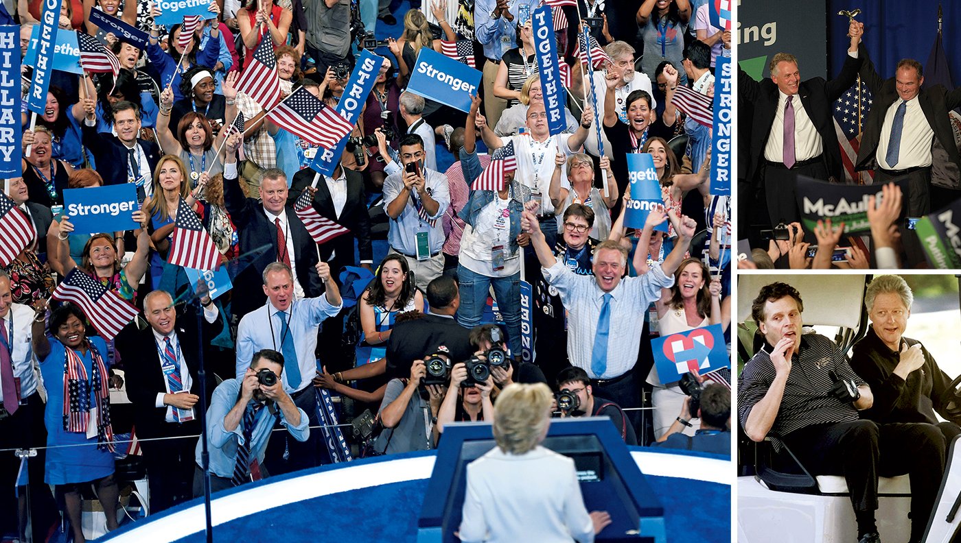 McAuliffe, First Friend to the Clintons for 20 years, goes wild at the Democratic convention (left). If Virginia helps elect Hillary and its own Tim Kaine (top right), McAuliffe may land a job in the administration.