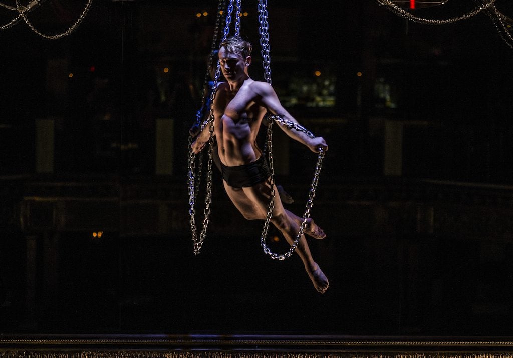 Aerialists twirl from the ceiling on silks or chains. Photograph courtesy of Sax