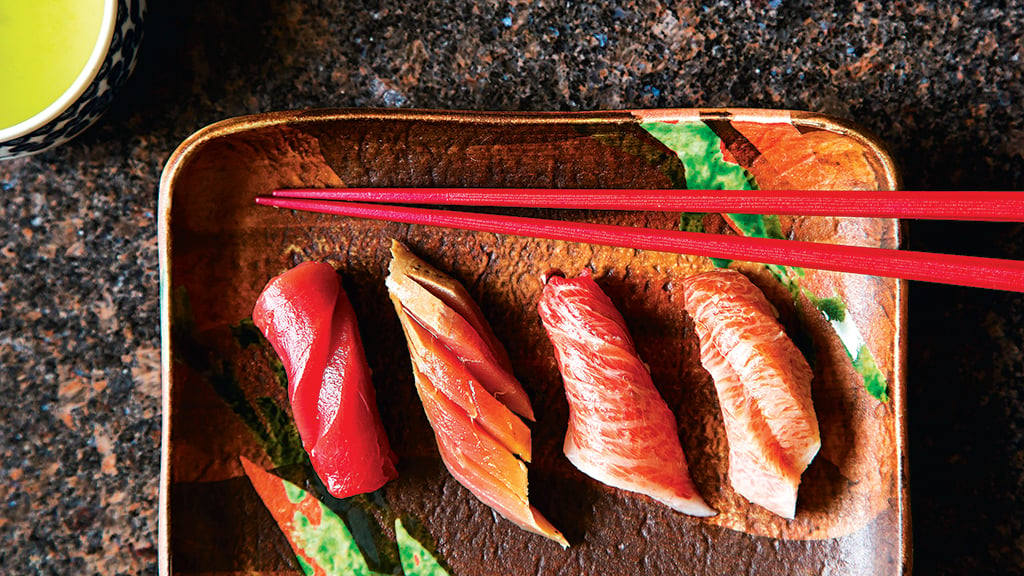 Four cuts of tuna with varying degrees of fattiness. Photograph by Scott Suchman.