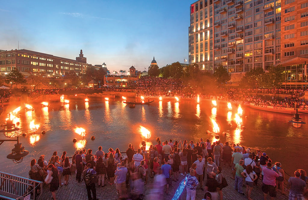 May through November, the Providence River hosts one of the city's biggest events, WaterFire. Photograph by Erin Cuddigan/WaterFire Providence.