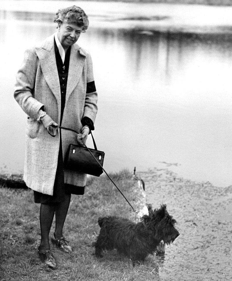 Eleanor Roosevelt walks Fala in 1947 after President Roosevelt's death. Photograph taken by an employee of the Executive Office of the President of the United States.