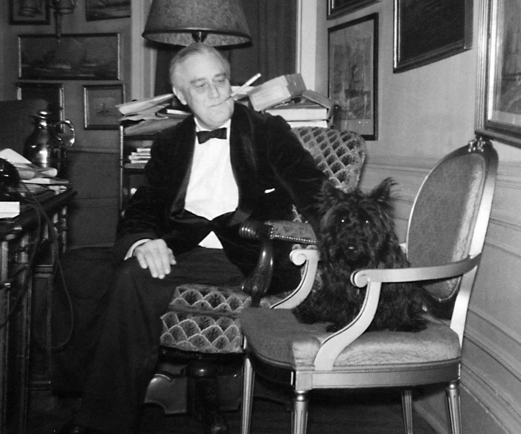 FDR and Fala in the White House Study December of 1941. Photograph taken by an employee of the Executive Office of the President of the United States.