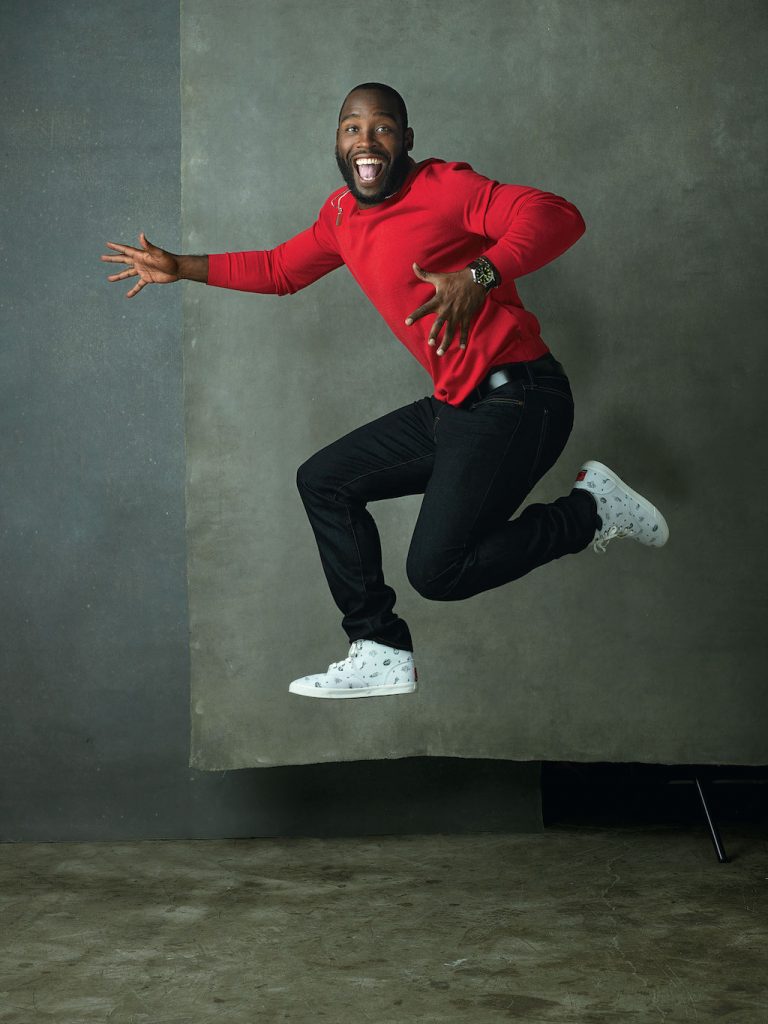fashion10 - Washingtonian Ted Baker sweater, 9, and 7 for All Mankind jeans, 9, from Bloomingdale's (Chevy Chase). Shoes, 8 at Bucketfeet (The Shay); Chain, 0, pendant (0), and leather bracelet (0), all at David Yurman (CityCenterDC).