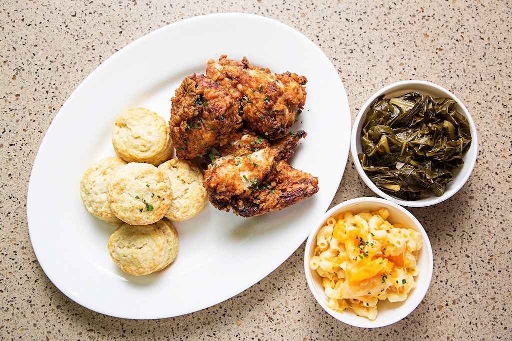 Classic buttermilk-fried chicken with collard greens and mac n' cheese.