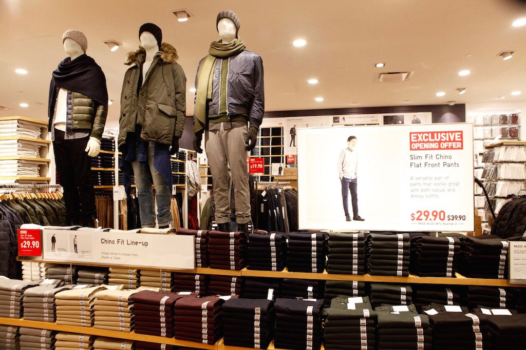 Wear-to-work chinos on sale for the opening of the store.