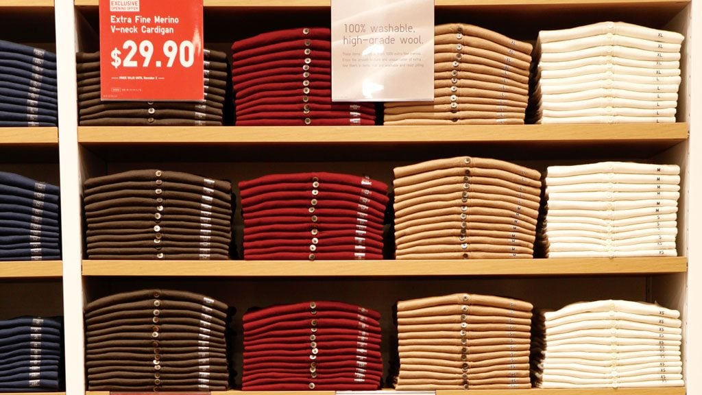 Sweater wall at Uniqlo. Photograph by Evy Mages.