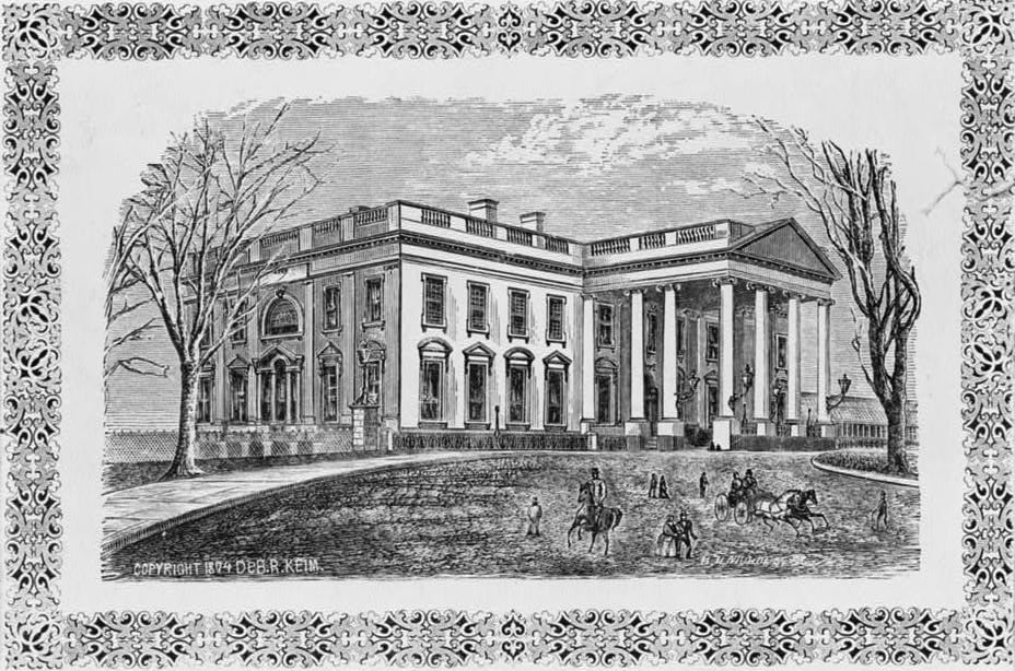 Exterior of the White House as seen in 1874. Wood engraving by DeB. R. Keim.