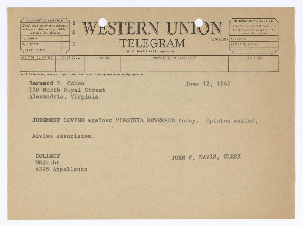 The telegram that the Supreme Court’s chief clerk sent to the Lovings’ lawyer, announcing the ruling. Photo by National Archives.