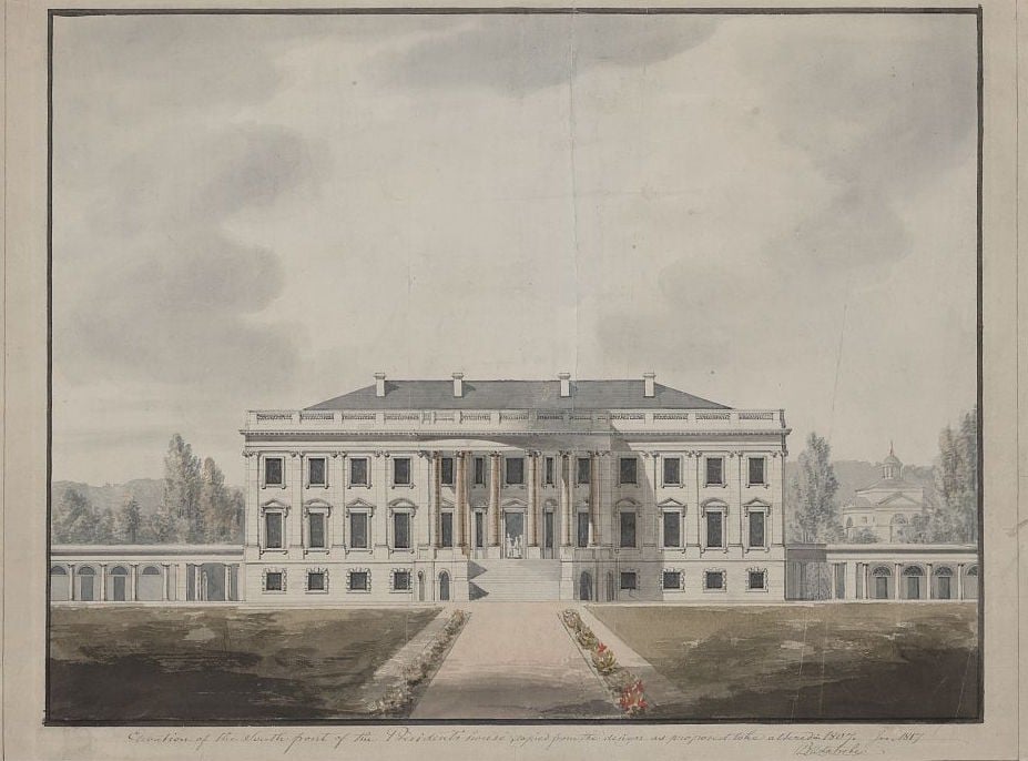 South Portico of White House in 1817 as designed by architect, Benjamin Henry Latrobe. Drawing by Benjamin Henry Latrobe.