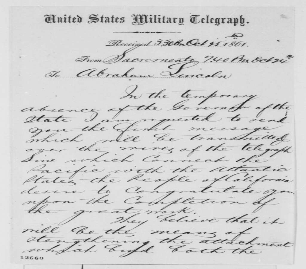 telegraph-fields-to-lincoln - Washingtonian Original Telegram from Chief Justice of California, Stephen J. Field to President Abraham Lincoln on October 25, 1861. Photo via Library of Congress.