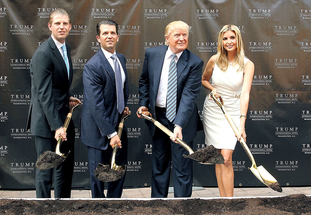 Eric Trump, Donald Trump Jr., Donald Trump, and Ivanka Trump at the hotel's groundbreaking. Photo by Getty Images.