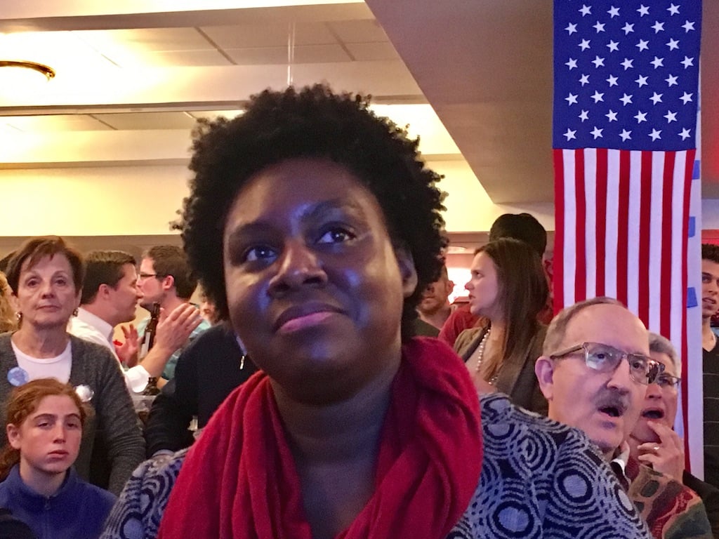 Anika Harden, from DC, at the Sixth and I viewing party. "I think Hillary is going to win, but I wish they would say it already," she says. "I am about to lose my mind."