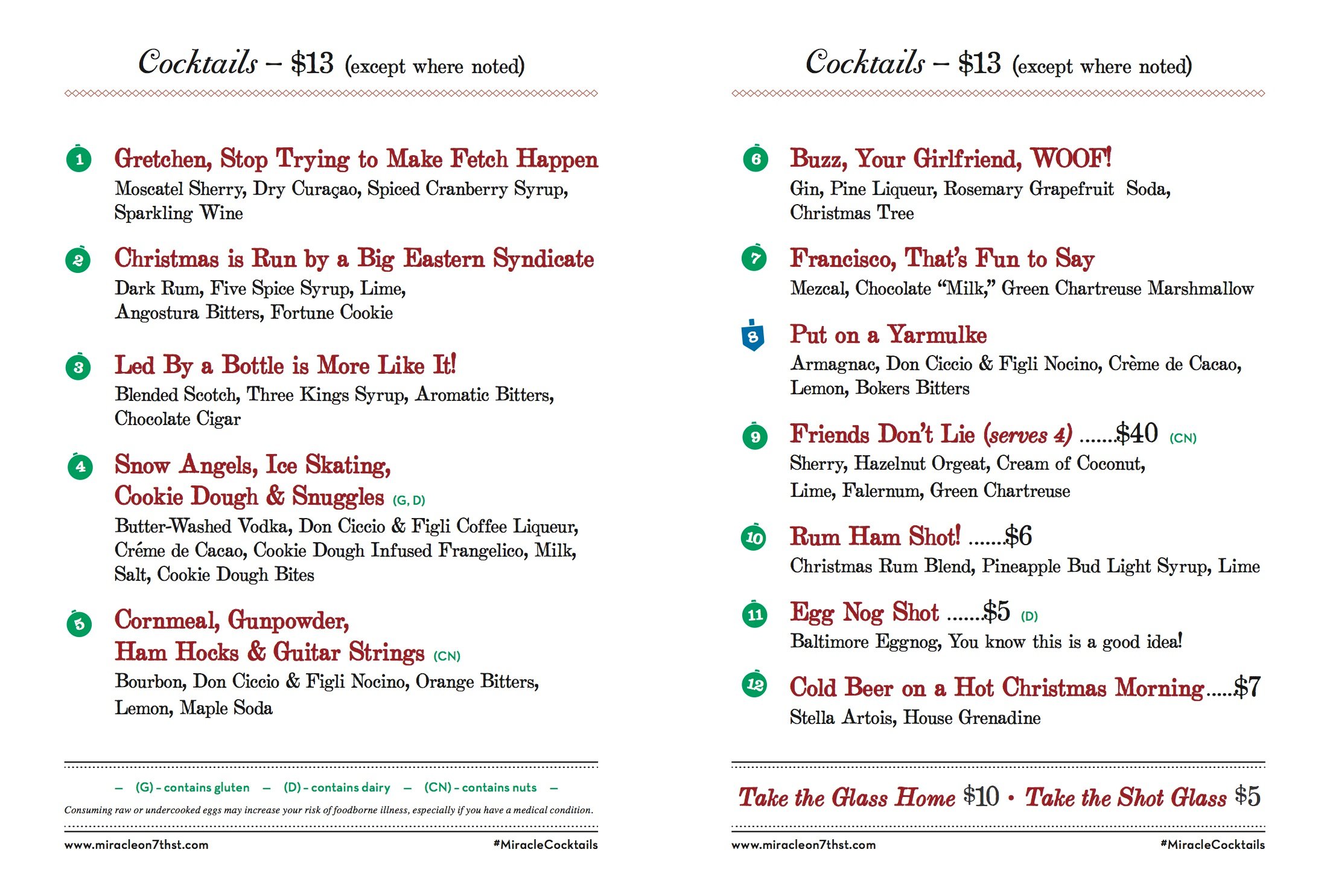 The cocktail menu for Miracle on Seventh Street, courtesy of the Christmas Bar.