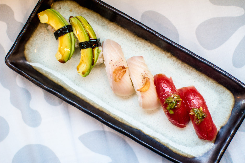 Nigiri are fashioned out of fish flown in from Japan, or vegetarian-friendly produce. All are brushed with a house soy mixture. 