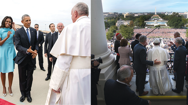 Photographs of Pope on Mall by Getty Images. Photographs of Obamas With Pope by Pete Souza/White House. 