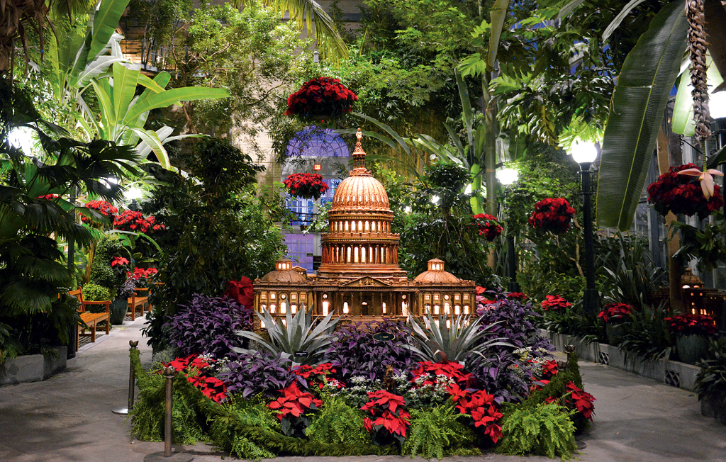 Green house: The US Botanic Garden’s holiday display is always impressive. This year, visitors can see recreations of the Statue of Liberty, Mount Vernon, and other national treasures. Photograph courtesy of US Botanic Garden 