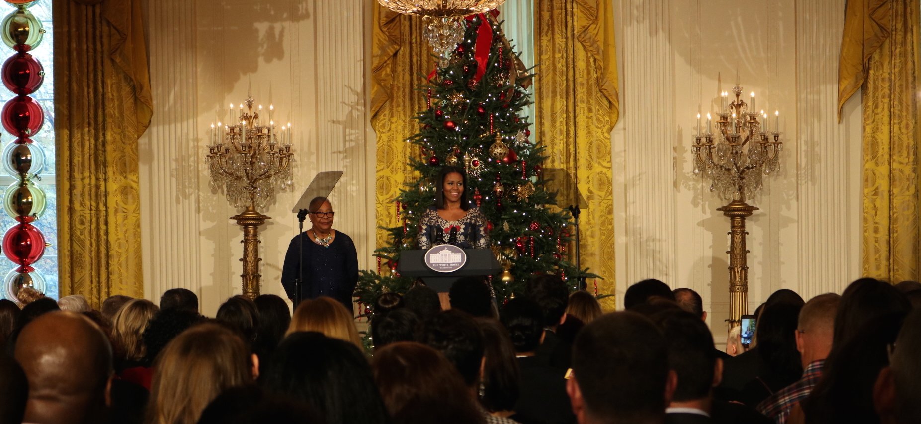 First Lady Michelle Obama speaks to Veterans and their families at the White House Christmas 2016. Photo by Sydney MaHan. 