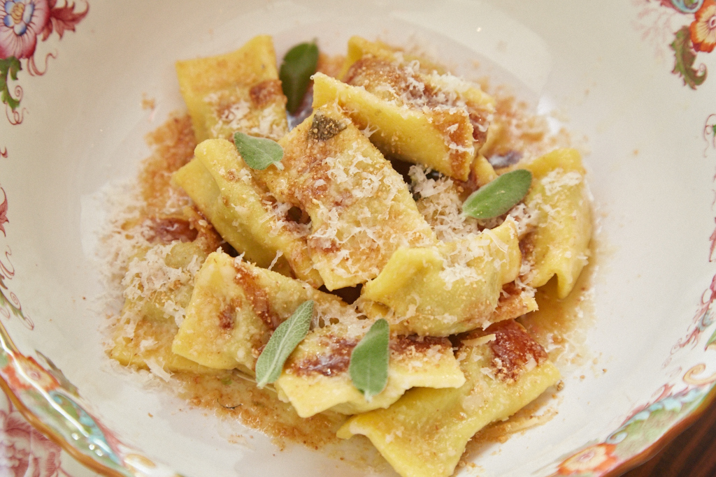 Pastas fall into two category: classic and seasonal, such as these beef agnolotti with black truffle. 