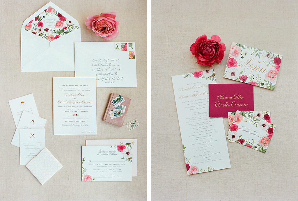 Linleigh Hawk Charles Cononie Preppy Green and Pink Golf Wedding Flowers Stationary