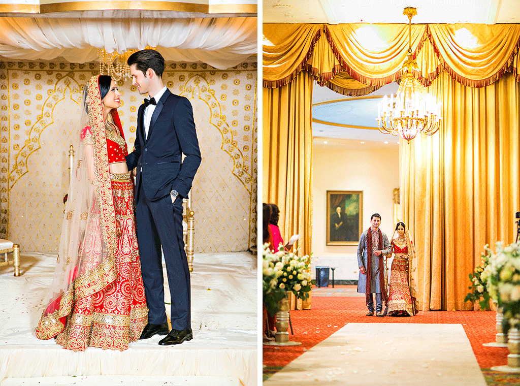 Interracial Indian wedding walk into the mandap