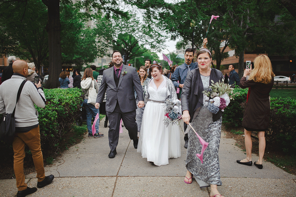 Janelle Fike Joshua Hugel DIY Wedding Hand Sewn Dress Dupont Circle Parade Jewel Tone