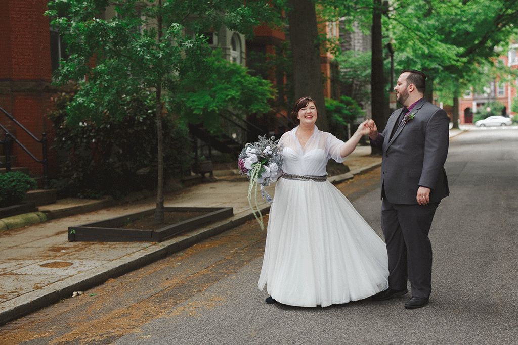 Janelle Fike Joshua Hugel DIY Wedding Hand Sewn Dress Dupont Circle Parade Jewel Tone