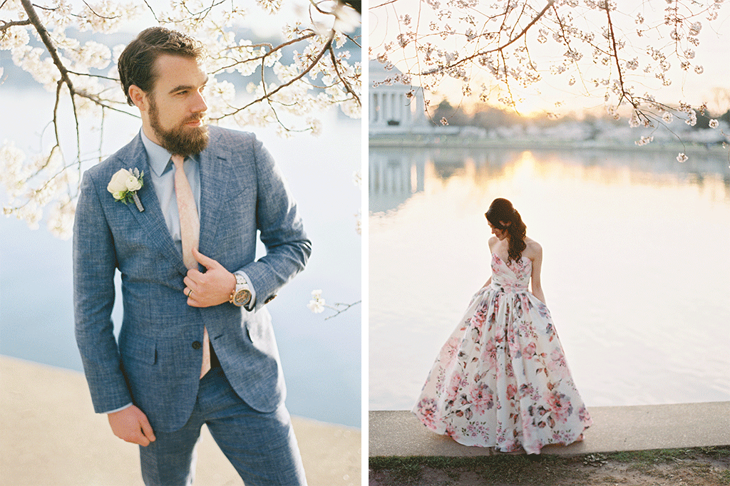 Suzy Dodge Justin Cook Amelia Johnson This Bride's Floral Print Dress was PERFECT for her Cherry Blossom-Themed Wedding