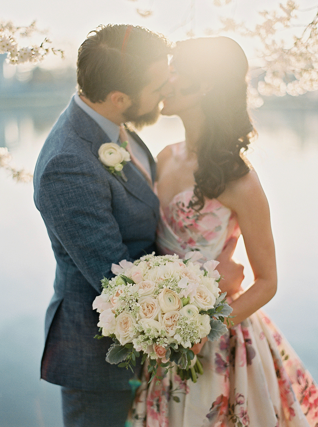 Suzy Dodge Justin Cook Amelia Johnson This Bride's Floral Print Dress was PERFECT for her Cherry Blossom-Themed Wedding