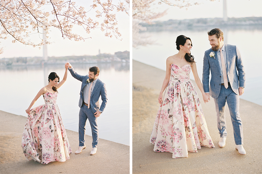 Suzy Dodge Justin Cook Amelia Johnson This Bride's Floral Print Dress was PERFECT for her Cherry Blossom-Themed Wedding