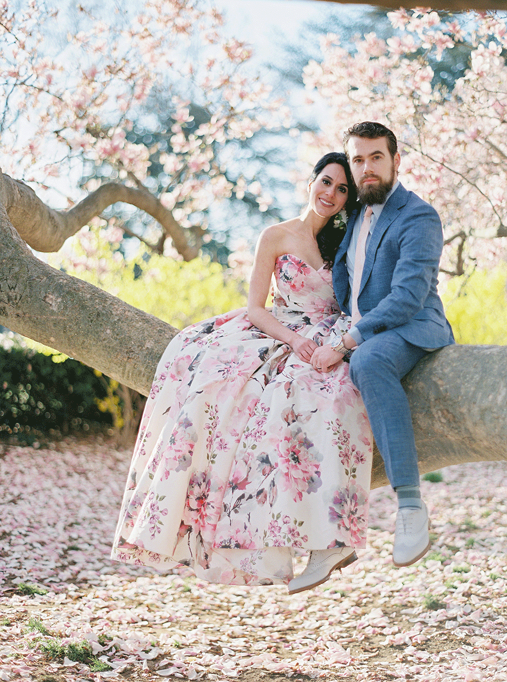 Suzy Dodge Justin Cook Amelia Johnson This Bride's Floral Print Dress was PERFECT for her Cherry Blossom-Themed Wedding