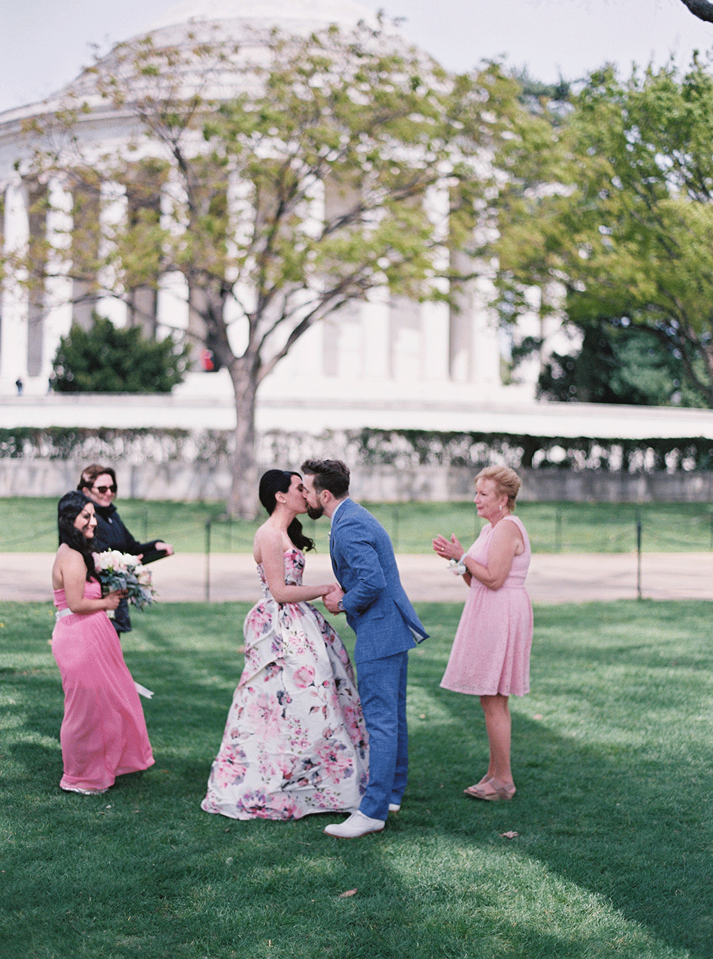 Suzy Dodge Justin Cook Amelia Johnson This Bride's Floral Print Dress was PERFECT for her Cherry Blossom-Themed Wedding