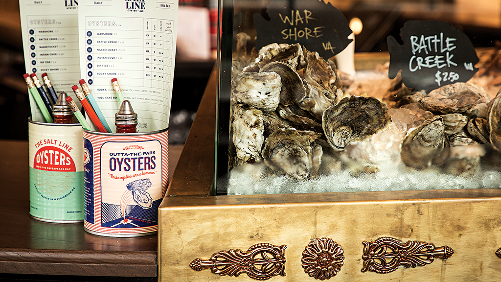 The raw bar shows off oysters from Virginia and New England.