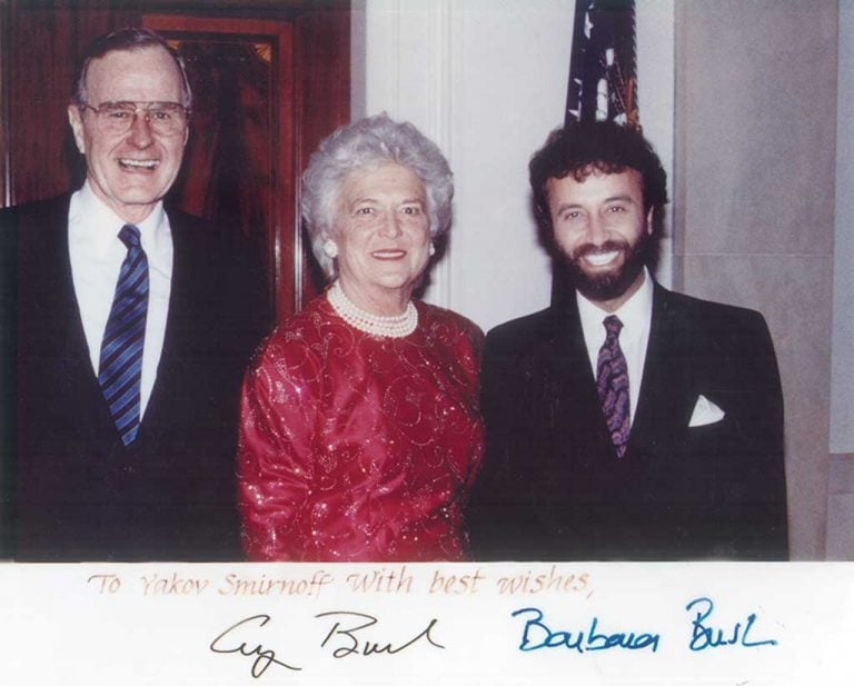 Smirnoff with George H.W. Bush and Barbara Bush. Photograph courtesy of Yakov Smirnoff. Smirnoff with George H.W. Bush and Barbara Bush. Photograph courtesy of Yakov Smirnoff.