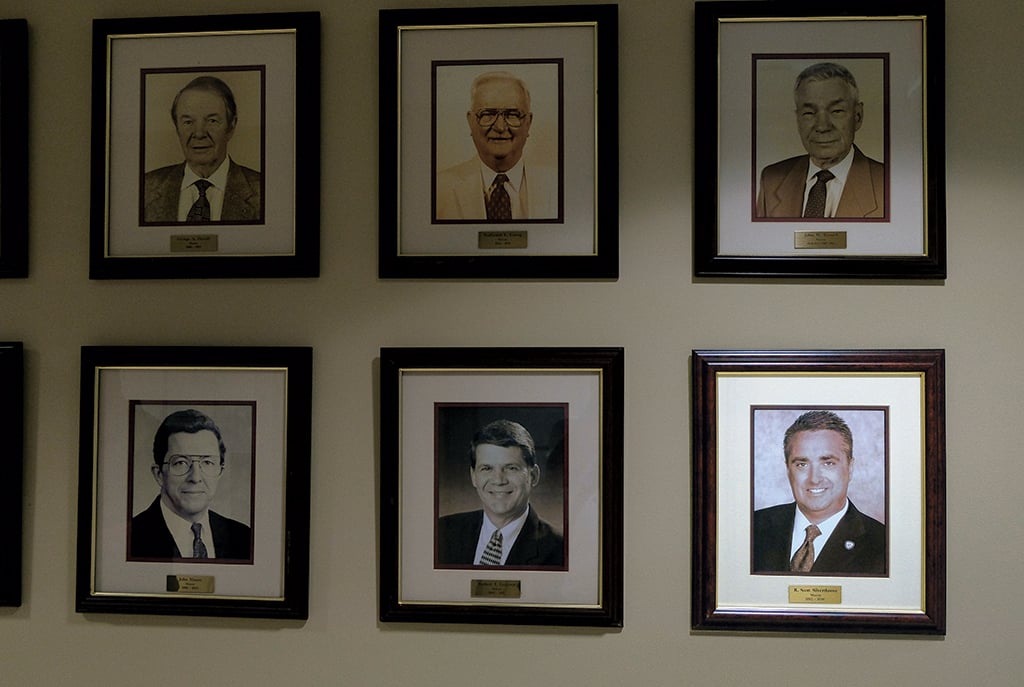 The wall of mayors' portraits at City Hall Annex. Silverthorne's father also held the job from 1978 to 1982. Photograph by Jahi Chikwendiu/Washington Post via Getty Images.