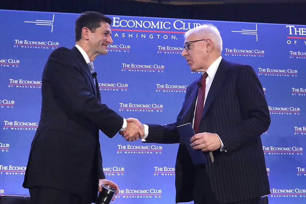 Rubenstein with Speaker of the House Paul Ryan. Photograph by Getty Images. Rubenstein with Speaker of the House Paul Ryan. Photograph by Getty Images.