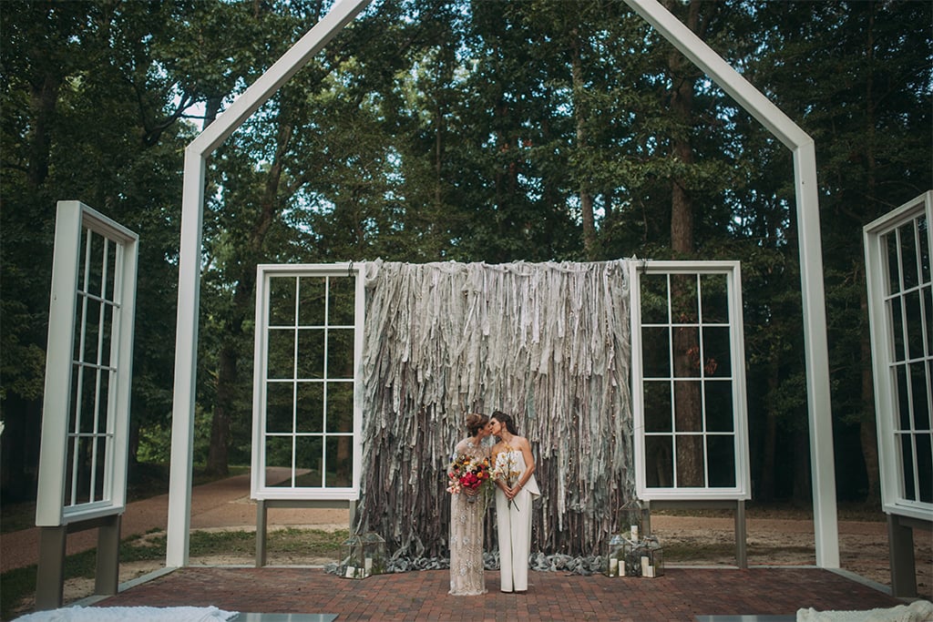 virginia polegreen church historic outdoor church Bethany Frazier and Ashleigh Lum Ruie & Grace insanely stylish bridal jumpsuit