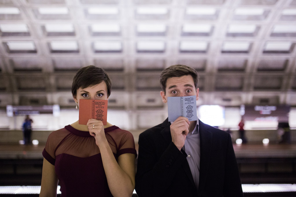 alatheia and eric larsen, offbeat engagement photos dc EPA justice department Metro engagement photoshoot Steven Burkenkemper of Birchfields