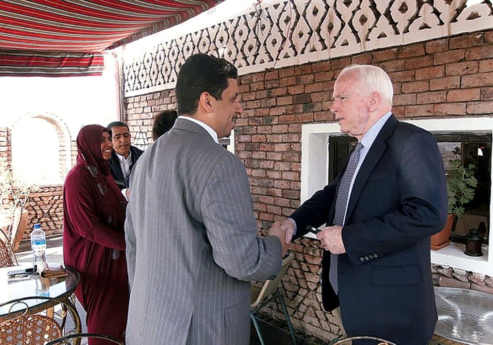 Mubarak, shown with Arizona Senator John McCain in 2013, is pressing the US for more humanitarian aid. Photograph courtesy of Ahmed Awad bin Mubarak. Mubarak, shown with Arizona Senator John McCain in 2013, is pressing the US for more humanitarian aid. Photograph courtesy of Ahmed Awad bin Mubarak.