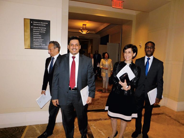 The sea change in US policy has diplomats like Mubarak—here with Jordan's ambassador, Dina Kawar—working overtime. Photograph courtesy of Ahmed Awad bin Mubarak. The sea change in US policy has diplomats like Mubarak—here with Jordan's ambassador, Dina Kawar—working overtime. Photograph courtesy of Ahmed Awad bin Mubarak.