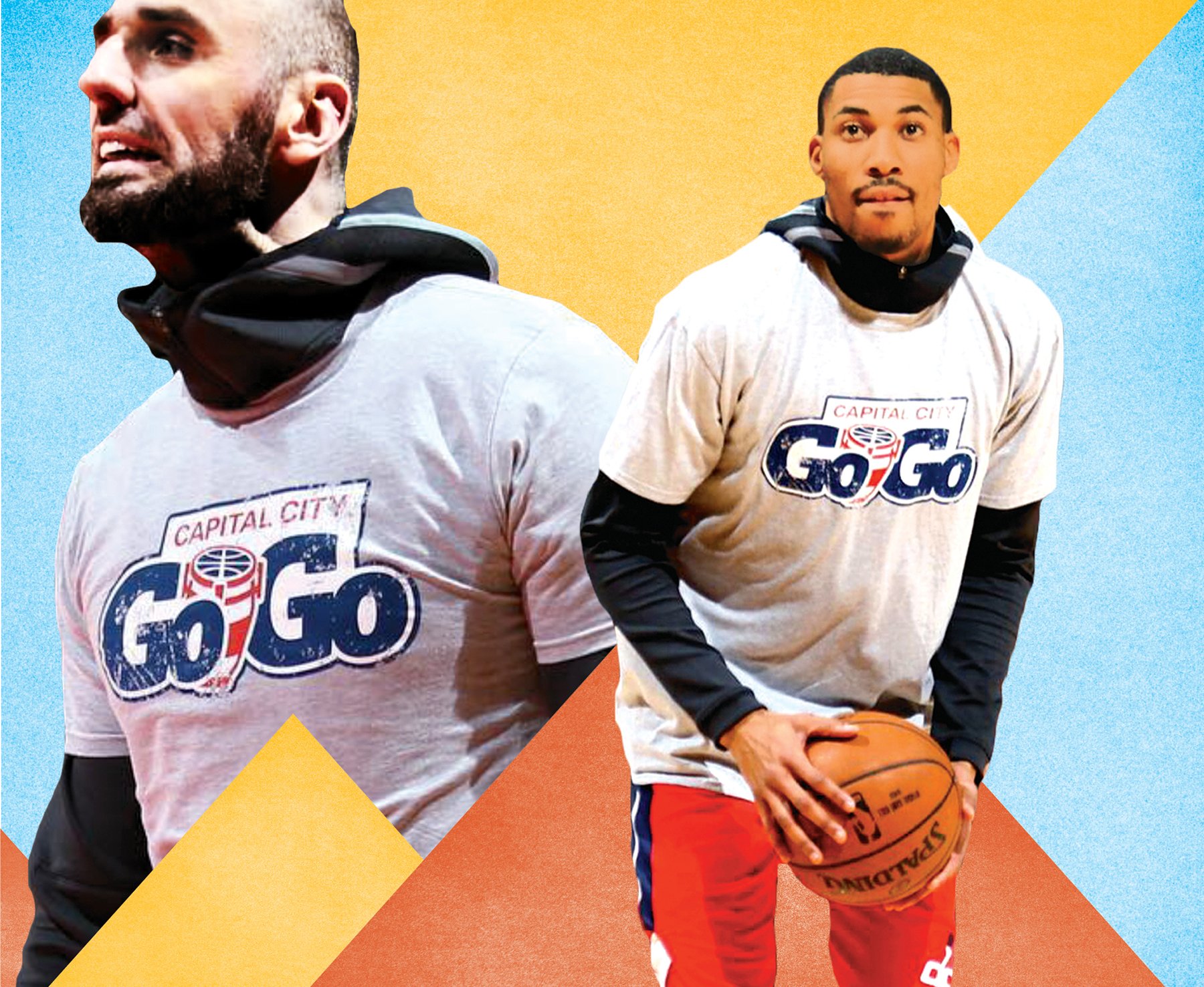 Wizards stars Marcin Gortat and Otto Porter Jr. sport Go-Go gear. Photo-illustration with photographs courtesy of Monumental Sports & Entertainment.