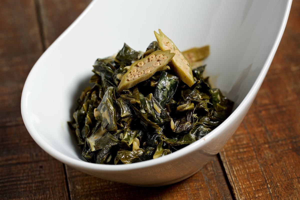 Collards with coconut are a nod to Prime's home. Photograph by Deb Lindsey.