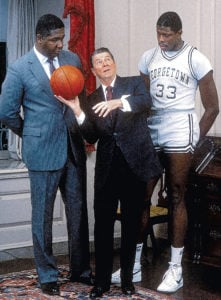 John Thompson Jr. and Ewing with President Reagan  after Georgetown’s 1984  NCAA title. Photograph by Lane Stewart/Sports Illustrated/Getty Images.